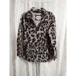 Sherpa Women Brown Leopard Print Quarter Zip Fleece Pullover Jacket Medium